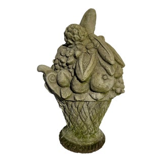 Antique Cast Stone Vegetable Basket Garden Sculpture For Sale