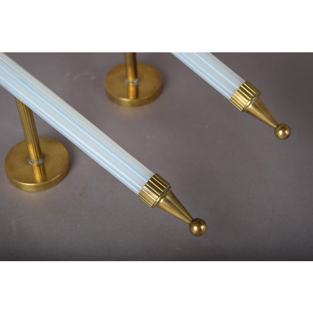 French Blue Opaline Glass and Brass Torch Wall Sconces with Glass Shades, 1950s, Set of 2 For Sale - Image 11 of 15