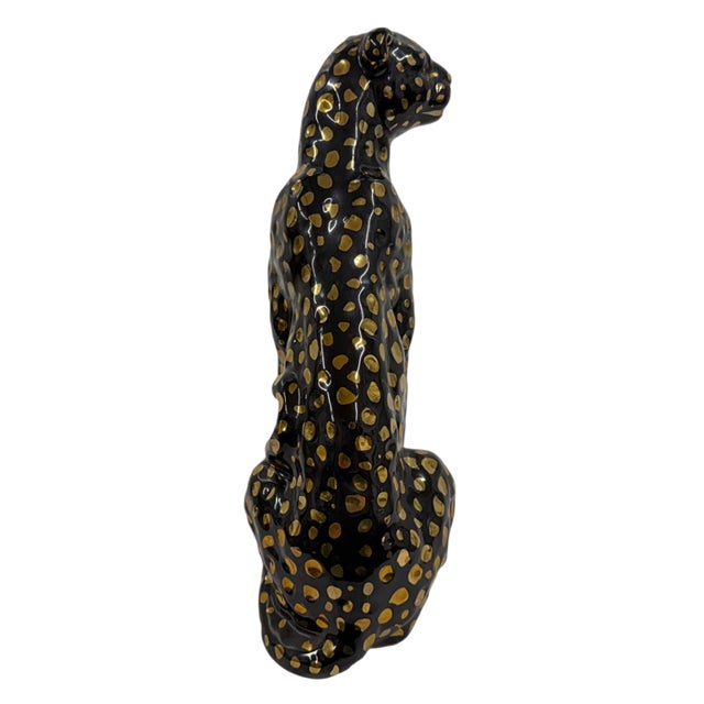 Contemporary Contemporary Art Deco Style Seated Black and Gold Ceramic Leopard Sculpture For Sale - Image 3 of 5