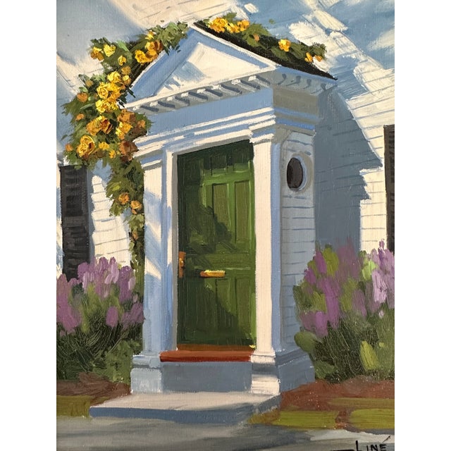 Dark Green Late 20th Century Original Line Tutwiler Oil Painting - Side Profile Greek Revival Porch With Green Door For Sale - Image 8 of 8