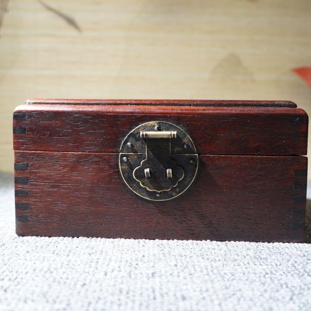 Vintage Chinese Rosewood Mother‑of‑Pearl Inlay Jewelry Box, Koi Lotus Motif Storage Casket For Sale - Image 4 of 9