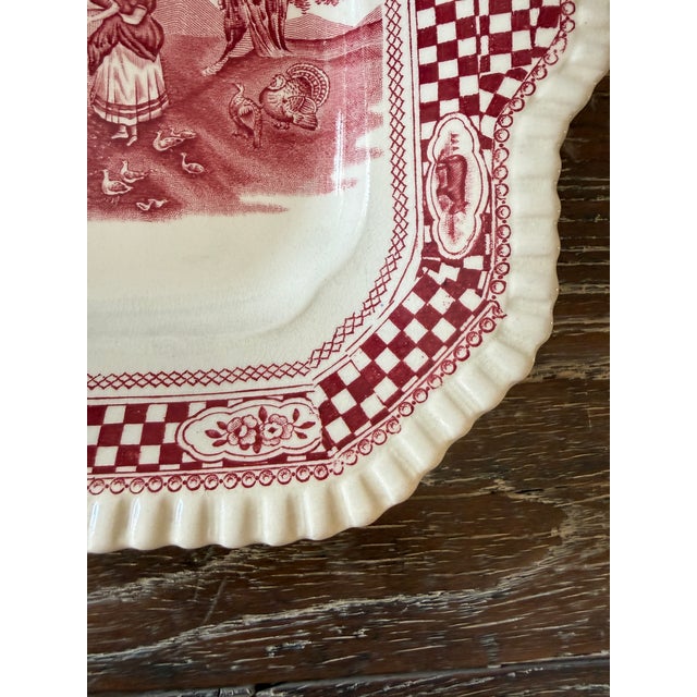 Antique W. Adams & Sons Red Transferware Cake Plate | Old English Rural Scenes | Square Handled Serving Plate England For Sale In Chicago - Image 6 of 12