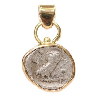 An Owl Drachm [Coin] Pendant, Circa 404 Bc, W/ 18k Trim & Bail For Sale