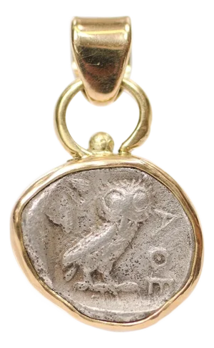 An Owl Drachm [Coin] Pendant, Circa 404 Bc, W/ 18k Trim & Bail