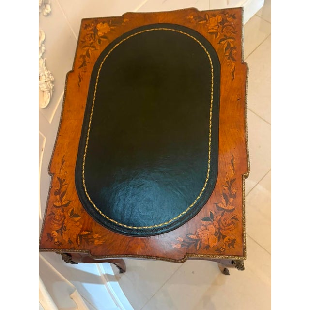 Antique French Walnut Marquetry Inlaid Writing Desk with Leather Top, 1860s For Sale - Image 3 of 14