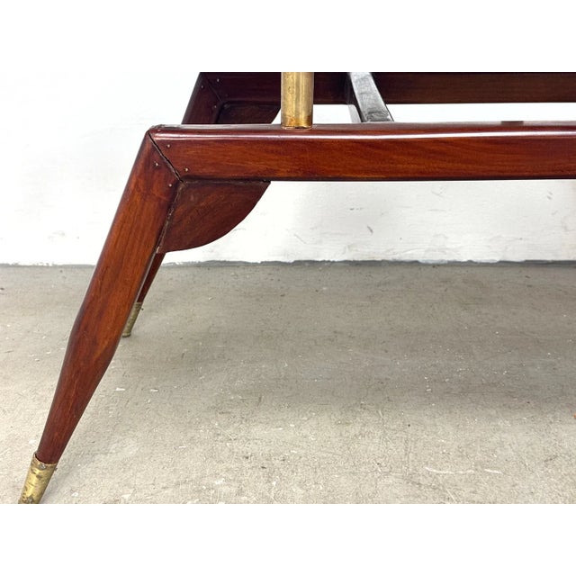 Late 20th Century Gio Ponti Style Italian Modern Bench With Sculptural Wood Base and Brass Accents For Sale In Philadelphia - Image 6 of 13