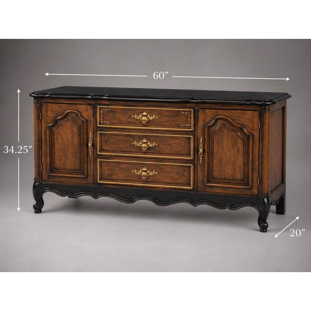 Vintage French Provincial Sideboard Buffet – Black Satin Top & Skirt, Tobacco Wood Finish, Gilt Hardware – 60” For Sale - Image 12 of 12