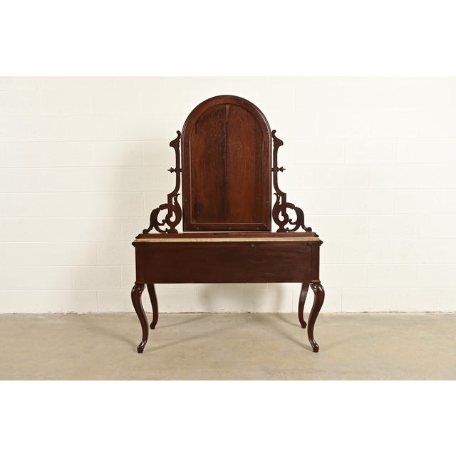 Alexander Roux Antique French Rococo Carved Mahogany and Marble Top Vanity Dressing Table With Mirror, Newly Refinished For Sale - Image 13 of 14