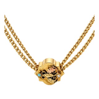 Antique Victorian 14k Yellow Gold Watch Fob Chain With Pearl & Turquoise For Sale