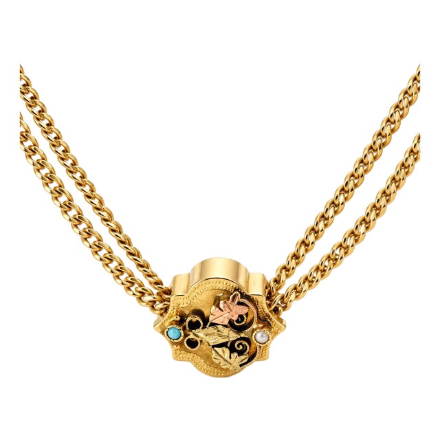 Antique Victorian 14k Yellow Gold Watch Fob Chain With Pearl & Turquoise For Sale