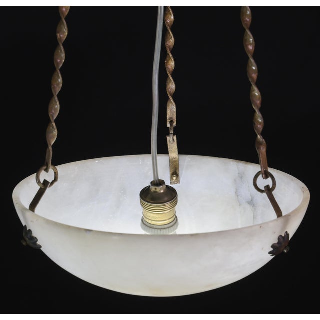 1950s French Art Deco White Alabaster Pendant Light With Dark Veining For Sale - Image 4 of 16