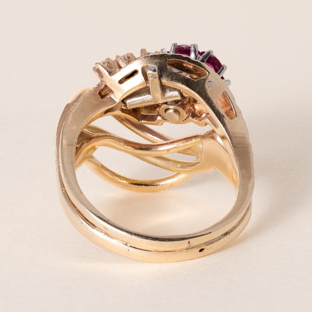 Vintage 13.5k Gold Ruby and Diamond Floral Cocktail Ring, Size 7 For Sale - Image 4 of 5