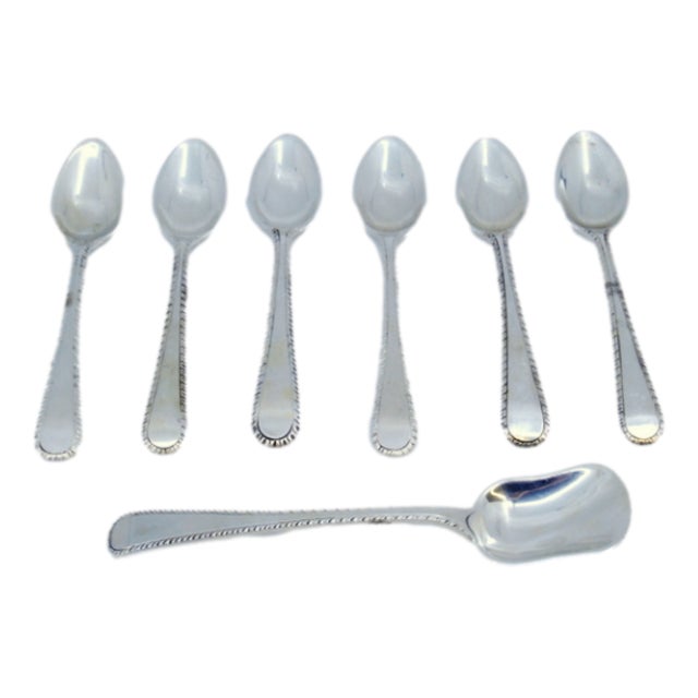 Silver Coffee Spoons and Sugar Shovel with Crimped Handles, Set of 7 For Sale