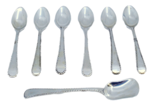 Silver Coffee Spoons and Sugar Shovel with Crimped Handles, Set of 7