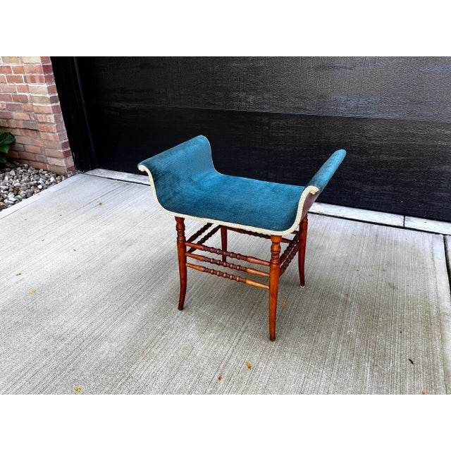 Late 19th Century Antique Scroll Bentwood Bobbin Velvet Bench Chair For Sale - Image 4 of 11