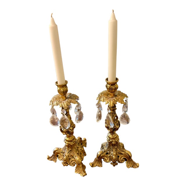 Ornate Gold Candle Holders With Crystal Prisms For Sale