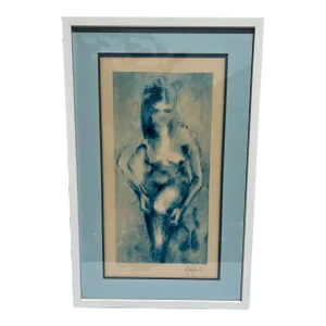 Vintage 1960s Expressionist Blue Nude Lithograph, Signed and Numbered