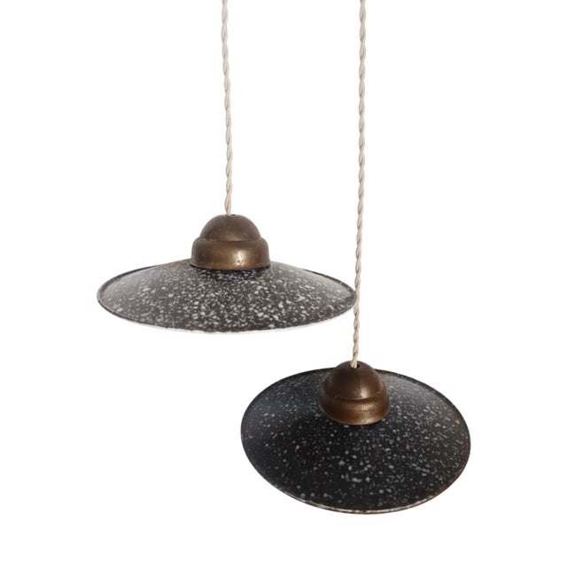 Vintage Industrial Enamelled Sheet Metal Pendant Lights, 1970s, Set of 2 For Sale