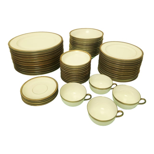Limoges Antique Porcelain Service for 12 1920s Gold Rim 56 PCS For Sale