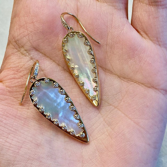 Syna Mother of Pearl Yellow Gold Leaf Earrings with Diamonds, a Pair For Sale - Image 4 of 6