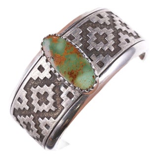 Dan Jackson (1944-2022) Navajo Rug Tufa Cast Bracelet With Ajax Turquoise For Sale
