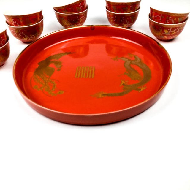 Vintage Arita Japanese Cinnabar Red and Gold Overlay Porcelain Wedding Tea Set For Sale - Image 9 of 13