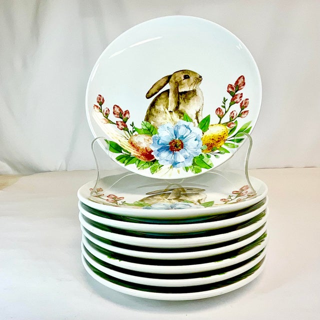 Shabby Chic 1990s Vintage Shabby Boho Chic Bunny Salad Plates - Set of 8 - Easter. For Sale - Image 3 of 14