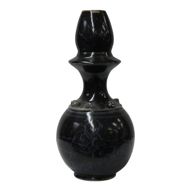 Chinese Ware Black Blue Glaze Ceramic Jar Vase Display Art For Sale