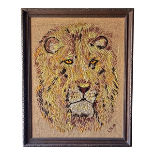 Vintage Lion Needlepoint Wall Art in Carved Wood Frame, 1960s For Sale