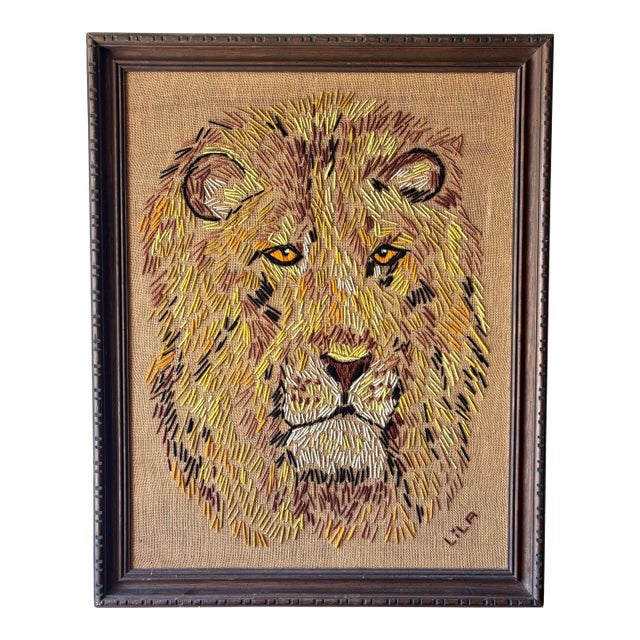 Vintage Lion Needlepoint Wall Art in Carved Wood Frame, 1960s For Sale