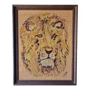 Vintage Lion Needlepoint Wall Art in Carved Wood Frame, 1960s