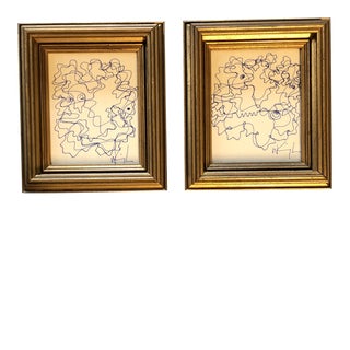 Gallery Wall Collection-2 Vintage Wayne Cunningham Abstract Blue Ink Drawings-Set of 2 For Sale