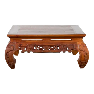 Vintage Small Indonesian Coffee Table with Scroll-Carved Apron & Chow Legs