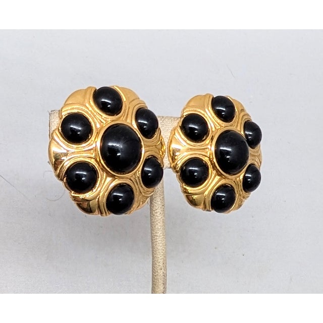 Napier Vintage 1980s Signed Napier Goldtone Cabochon Faux-Onyx Clip Earrings-2 Pieces For Sale - Image 4 of 7