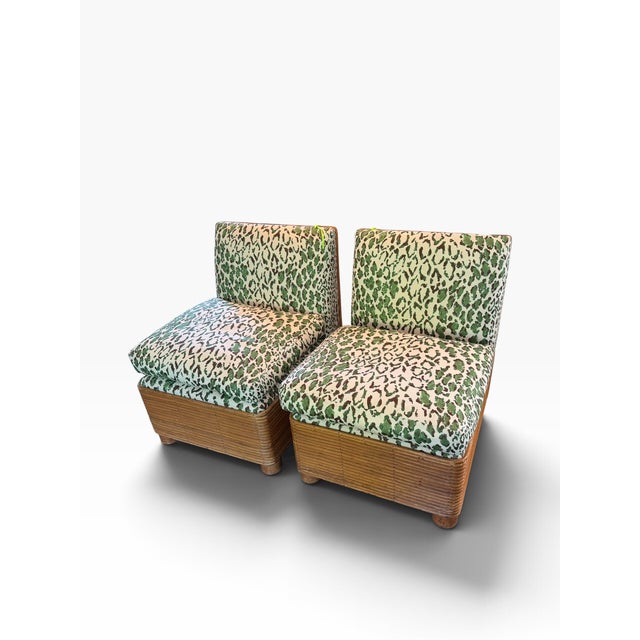 Pair of MCM Pencil Reed Rattan & Green Rose Cumming Leopard Slipper Chairs For Sale In Los Angeles - Image 6 of 6