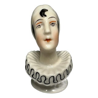 Art Deco Pierrot Porcelain Pincushion Half Doll, c. 1920s For Sale
