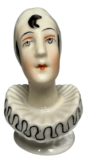 Art Deco Pierrot Porcelain Pincushion Half Doll, c. 1920s