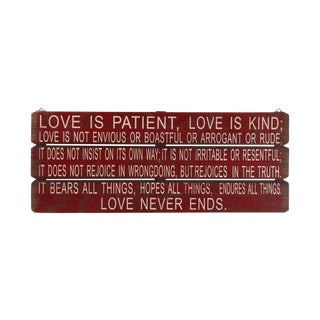 Vintage 'Love Is Patient' Rustic Red Wood Sign For Sale