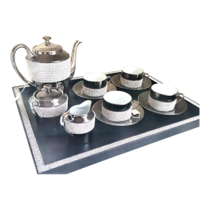 Sophie Villepigue French Porcelain Swarovski Coffee Tea Service for 4 + Tray 12 Pieces