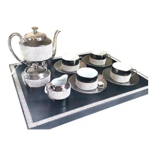 Sophie Villepigue, Paris Limoges Platinum Porcelain Swarovski Paved Tea Pot Creamer Sugar & Cups + Tray 12 Pieces For Sale