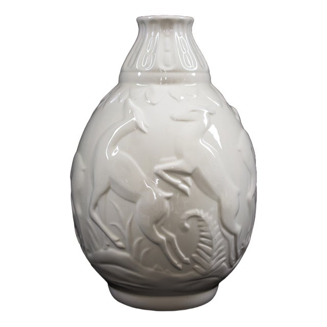 Art Deco White Glazed Earthenware Vase with Relief Decor by Fantaisie de Charles Catteau for Boch Frères La Louvière Keramis, 1920s For Sale