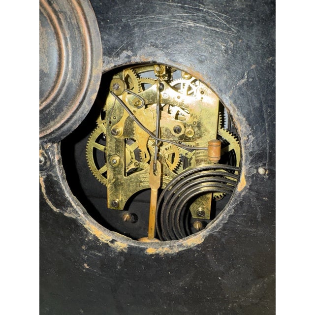 Metal Antique Waterbury Black Mantel Clock “Werra” Model With Open Escapement For Sale - Image 7 of 10