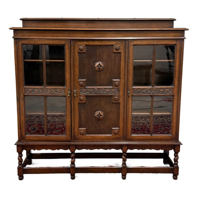 Antique English Jacobean Bookcase Bookshelf Cabinet Barley Twist Wavy Glass Oak For Sale
