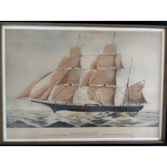 Currier & Ives “THE CELEBRATED CLIPPER BARK GRAPESHOT BELONGING TO GEO. LAW ESQ. N.Y.” hand colored 1855 lithograph in...