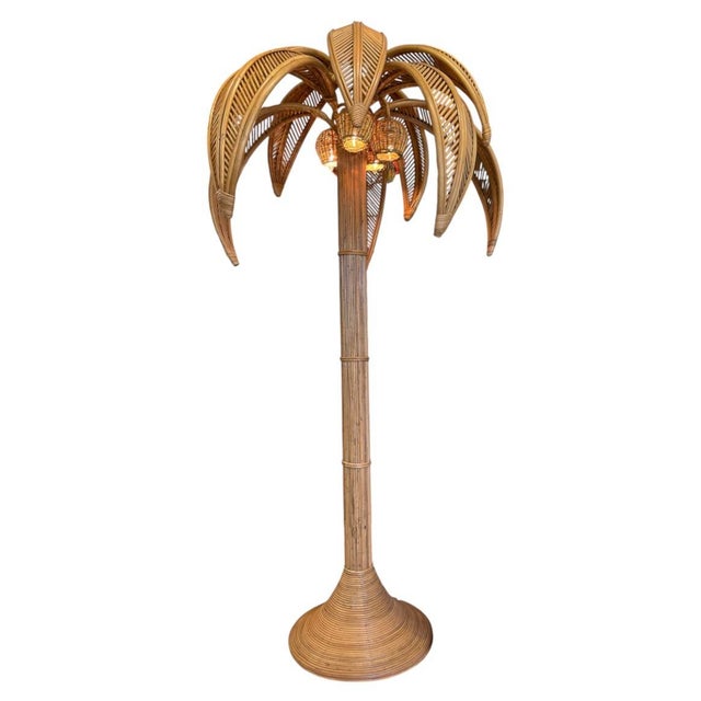 Hollywood Regency Vintage Hollywood Regency Rattan Palm Tree Floor Lamp For Sale - Image 3 of 12