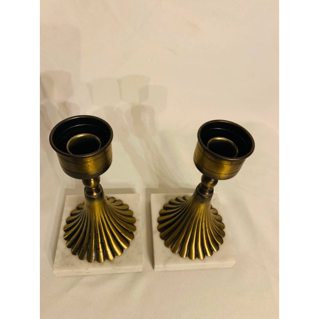 Hollywood Regency Mid 20th Century Hollywood Regency White Marble and Brass Candlesticks - Set of 2 For Sale - Image 3 of 13