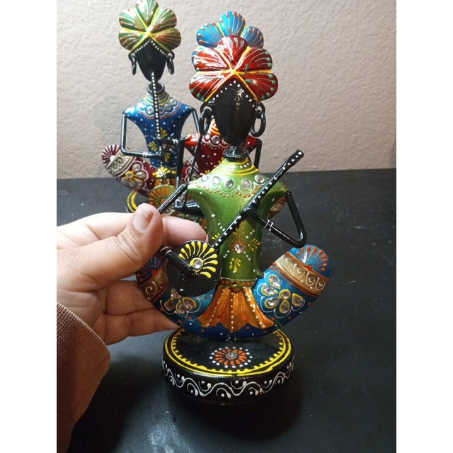 Indian 1980s Gorgeous Trio of Handcrafted Hammered Metal Rajasthani Musician Figurines For Sale - Image 3 of 7