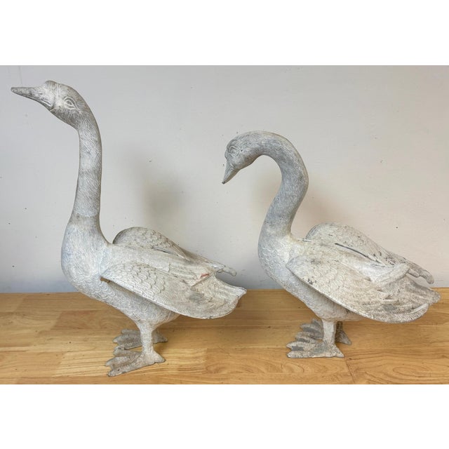 Pair 20th C. Zinc Alloy Swan Garden Sculptures Good Scale & Weathered Surface For Sale - Image 16 of 18