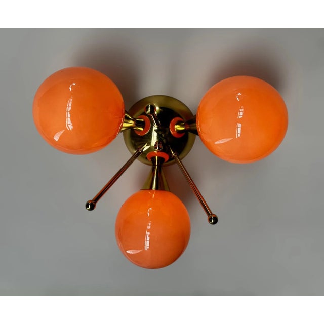 Glass Trifoglio Polished Brass Opaque Coral Globe Flush Mount by Fabio LTD For Sale - Image 7 of 9