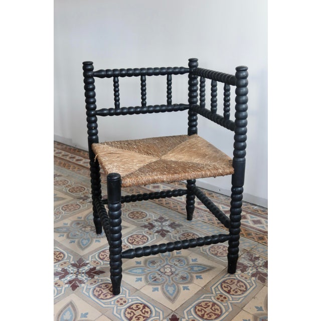 Rustic Vintage Corner Chair in Black Turned Wood with Straw Seat, 1970s For Sale - Image 3 of 11